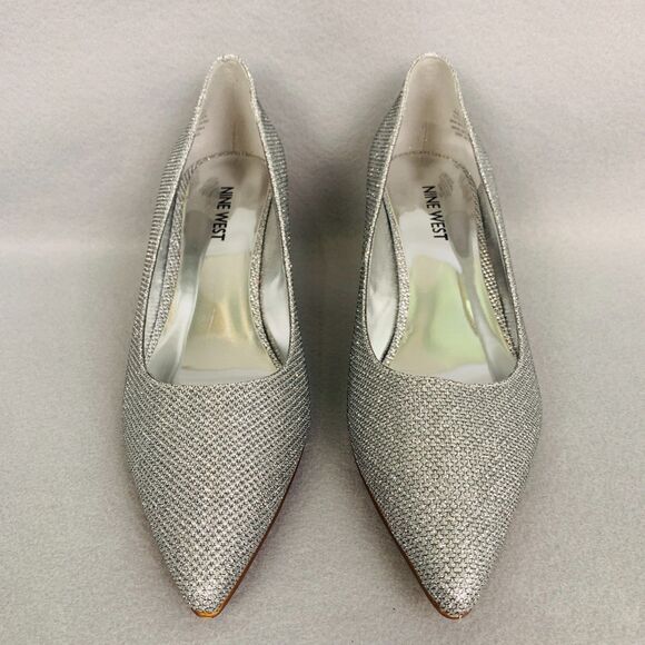 Nine West Silver Metallic Heels 7.5 Pointed Toe Pumps Wedding Party Shoes - Picture 2 of 6